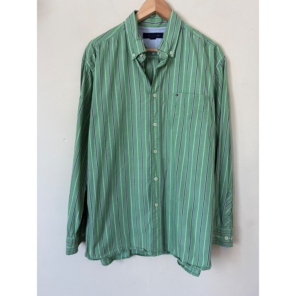 Tommy Hilfiger Mens Large Green Striped Cotton Button Down Long Sleeve Shirt